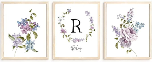 Personalized Name Flower Nursery Wall Art Prints, Crib & Nursery décor, Newborn Baby Girl Gift Present, Floral Baby Girl Room Pictures, Poster For Baby And Kids (3 Prints, Flower 2)
