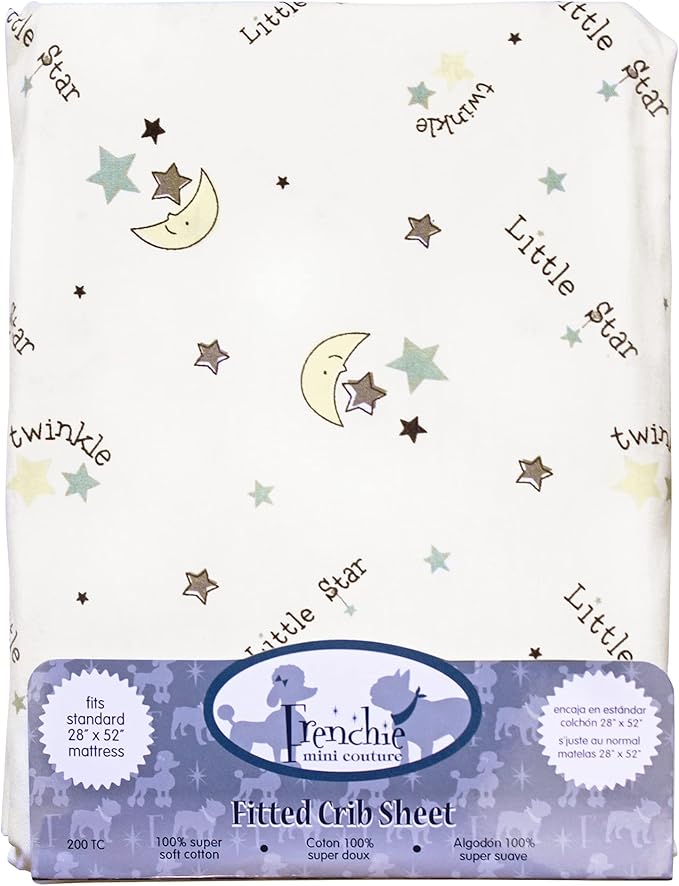 Frenchie Mini Couture Fitted Crib Sheet 100% Woven Cotton Fits Toddler Mattress, 28 x 52 x8in, Twinkle Little Star