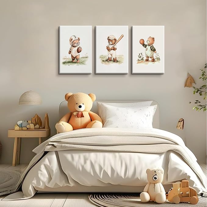 3Pcs Nursery Teddy Bear Canvas Wall Art Vintage Sports Bear Wall Decor Sports Boys'Room Artwork Prints Basketball Football Baseball Painting Pictures for Children's Room Boys' Room (12x16in Canvas)