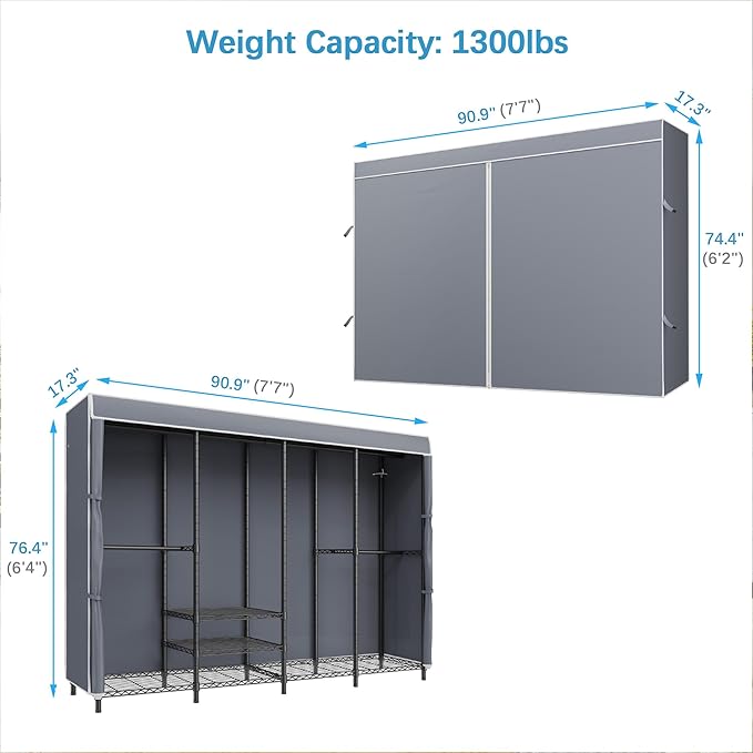 VIPEK V40C Plus Heavy Duty Clothes Rack with Oxford Fabric Cover, Extra Large Covered Clothing Rack for Hanging Clothes Portable Wardrobe Closet Black Closet Rack with Grey Cover, Max Load 1300lb