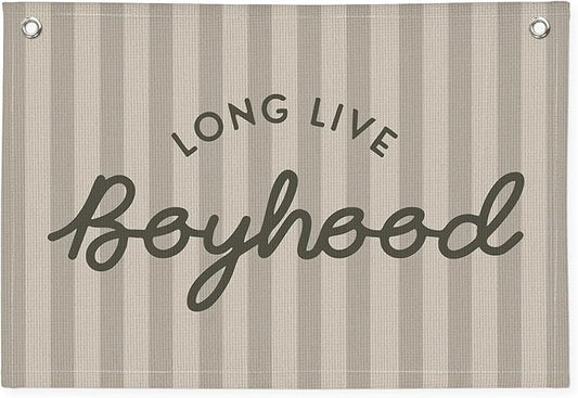Long Live Boyhood Banner, Boy Nursery Decor, Canvas Banner Wall Hanging Flag Decor for Nursery Playroom Toddler Room, Boys Kids Room - Gray