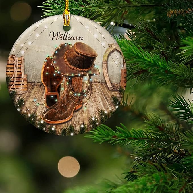 wowcugi Cowboy Ornament for Christmas Tree Custom Name Customized Western Ornaments Ceramic Cowboys Boots Ornaments Xmas Tree Decoration Keepsake Gifts for Men Boys