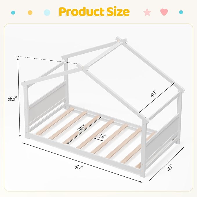 Twin House Bed, Montessori Floor Bed with Headboard & Footboard, Solid Wood Bed Frame for Toddlers Teens Bedroom, No Box Spring Needed, White