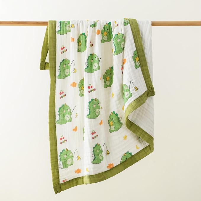 Muslin Baby Blankets, Nursery Blankets for Boys Girls, Swaddle Blankets Neutral Soft Lightweight Toddler and Kids Throw Blankets (Green Dinosaur)