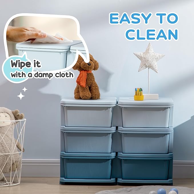 Qaba 3 Tier Kids Storage Unit, 6 Drawer Chest Toy Organizer Plastic Bins for Kids Bedroom Nursery Kindergarten Living Room for Boys Girls Toddlers, Blue
