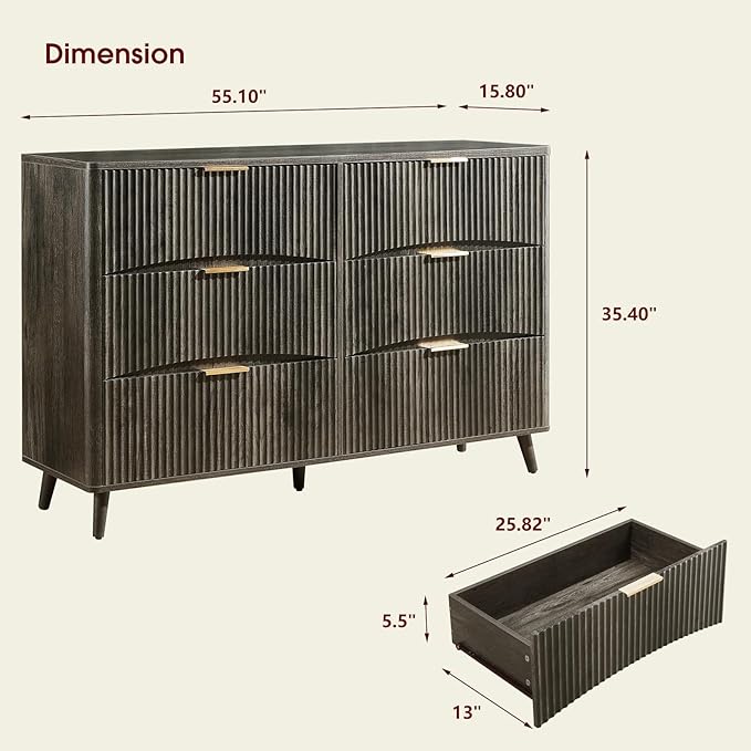 Evermagin 55" Wide Fluted 6 Drawer Dresser, Mid Century Modern Curved Dresser, Light Wood Chest of Drawers for Bedroom, Living Room and Entryway, Dark Grey