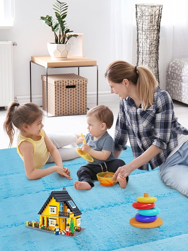 12 pcs Thickened Plush Foam Interlocking Floor Mats, Foam Mats for Floor Baby with Edgings, Soft Anti-Slip Square Foam Tiles, Puzzle Area Rug Playmat for Room Flat (11.8", Blue)