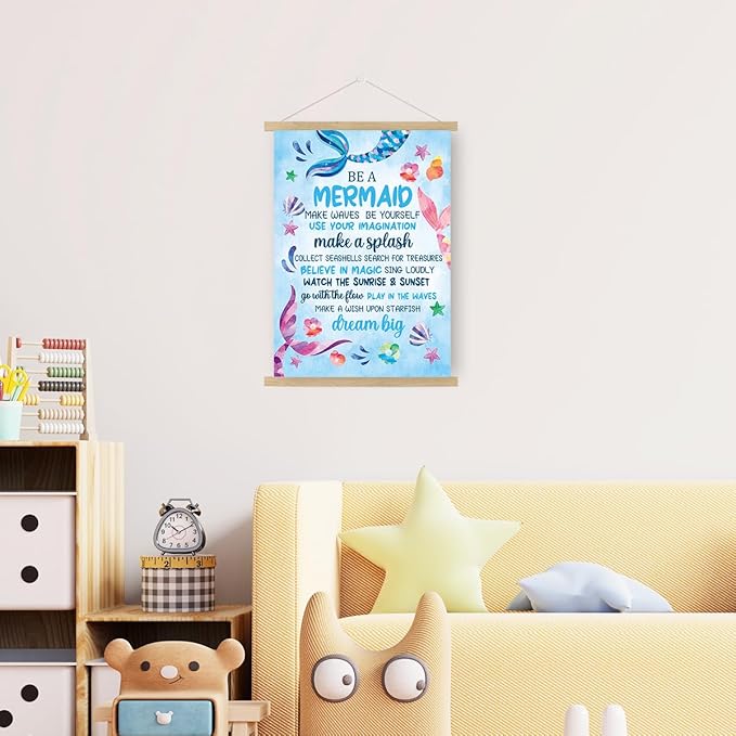 Qswo Mermaid Inspirational Wall Art,Teen Girl Wall Art Poster Hanger Frame,Motivational Hanging Canvas Wall Decor for Girls Room Dorm Nursery