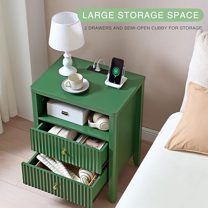 Fluted Nightstand with Charging Station Set of 2, 21" Wide Modern Bedside Table with 2 Drawers & Open Shelf, Wood End Table with Storage & Metal Handle for Bedroom, Small Spaces, Green
