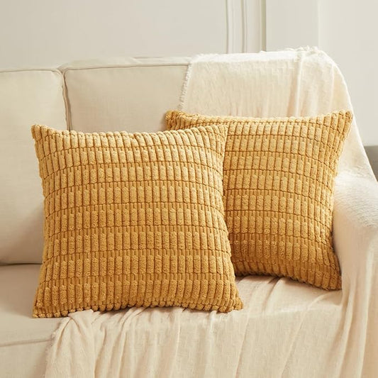 Fancy Homi 2 Packs Mustard Yellow Decorative Throw Pillow Covers 26x26 Inch for Living Room Couch Bed Sofa, Rustic Farmhouse Boho Home Decor, Soft Striped Corduroy Square Cushion Case 66x66 cm