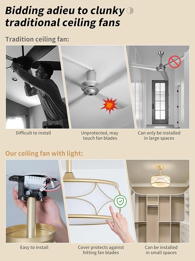18" Gold Fandelier Ceiling Fan with Light, Fabric Boho Chandelier Ceiling Fans with Lights Remote Control, Mid-Century Modern Caged with 6 Speeds for Bedroom, Nursery (FS-BG02)