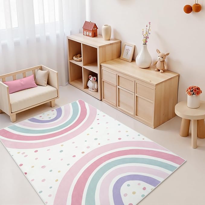 STARUIA 4x6 Washable Rainbow Rug for Nursery Kids Room, Soft Polka Dot Pink Area Rugs for Girls Bedroom, Non-Slip Carpet Kids Rug for Playroom Princess Castle