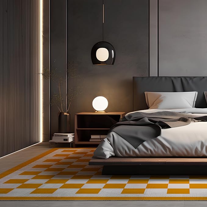 Washable 5x7 Checkered Area Rug for Living Room, Orange Checkerboard Modern Boho Large Rugs, Ultra Thin Low Pile Lightweight Indoor Carpet with Non-Slip Backing for Bedroom Kids Nursery Play Room