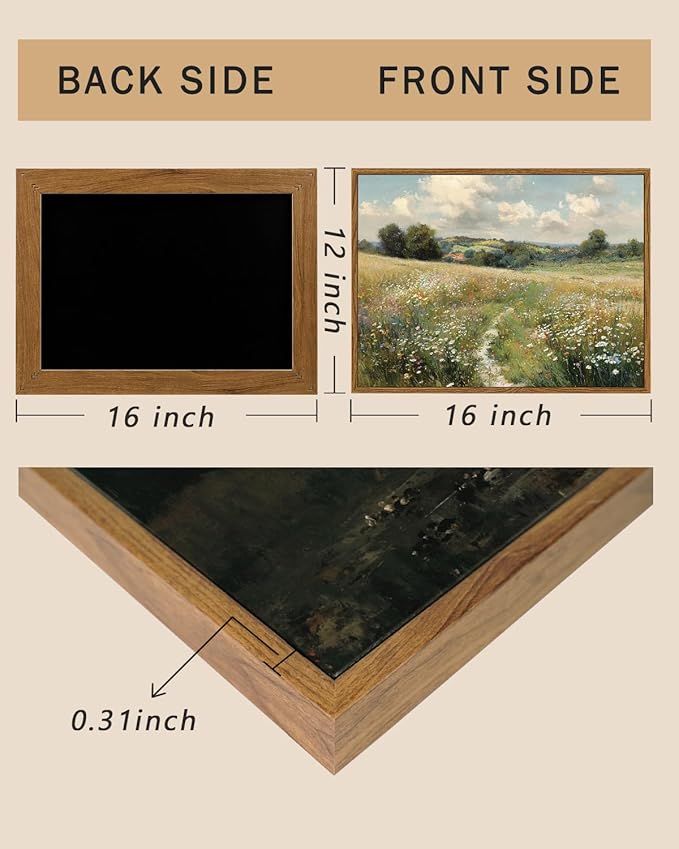 ARPEOTCY Vintage Framed Canvas Wall Art, 12x16inch, Farmhouse Wildflower Field Wall Decor, Countryside Art Prints Home Decorations, Landscape Paintings for Living Room Bedroom Shelf Decor