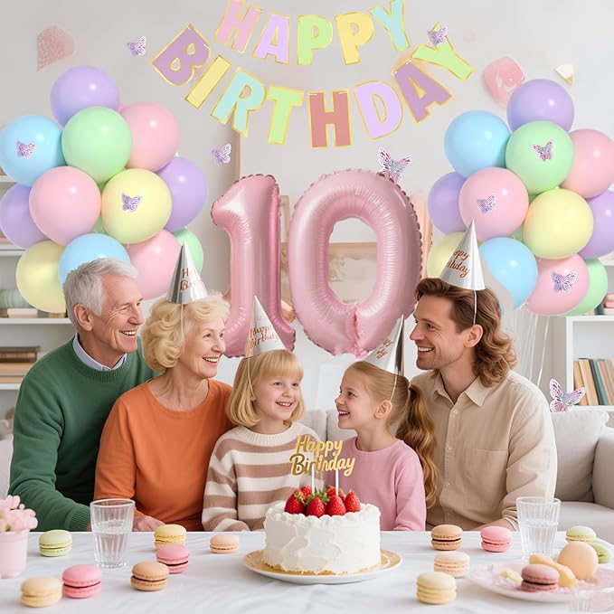 10th Birthday Decorations for Girl-12 inch Pastel Balloons, 32 Inch Pink 10 Balloon, 3D Butterflies Stickers, Happy Birthday Banner For Girl 10 Years Old BD Party Decorations