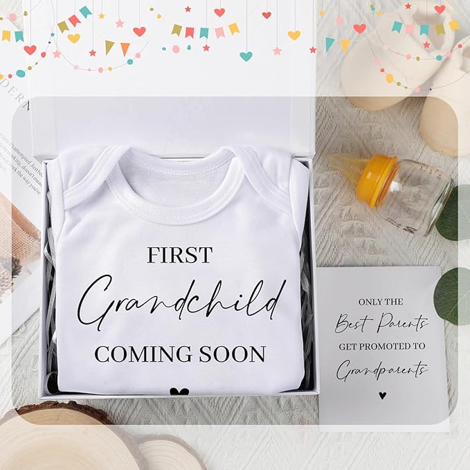 4 Pcs Pregnancy Announcement for Grandparents, First Grandchild Coming Soon Baby Bodysuit, Grandparents Pregnancy Reveal Card Baby Reveal Gift Box Baby Announcement Gifts Set for Grandparents