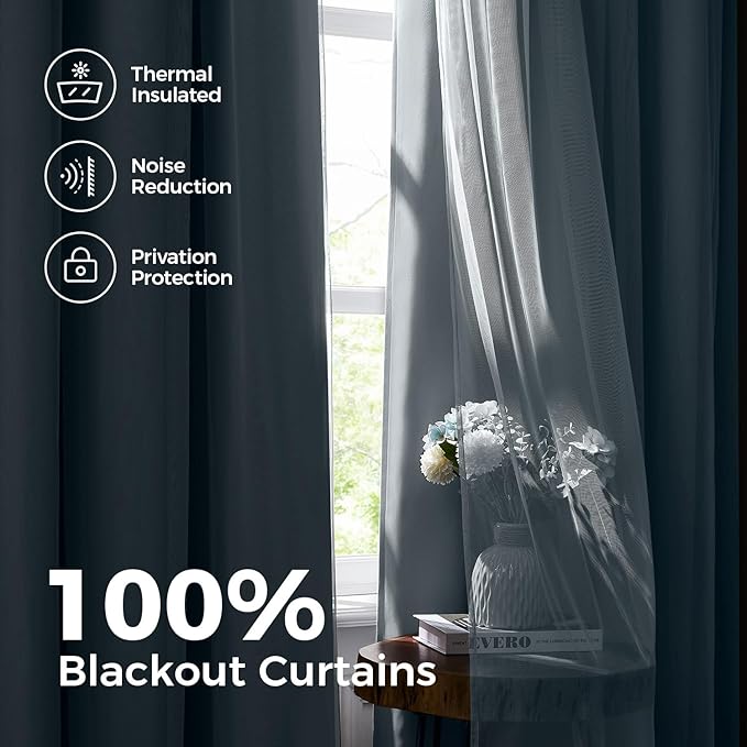 100% Blackout Curtains for Bedroom, Double Layer Blue Curtains, Black Out Curtain 84 inch Long with Sheer Overlay for Living Room, Room Darkening Window Drapes with Grommet, 52" W x 84" L