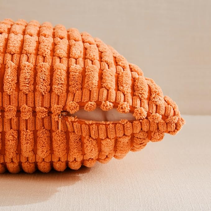 Fancy Homi 2 Packs Orange Decorative Throw Pillow Covers 20x20 Inch for Living Room Couch Bed Sofa, Soft Striped Corduroy Square Cushion Case 50x50 cm, Rustic Farmhouse Boho Fall Home Decor