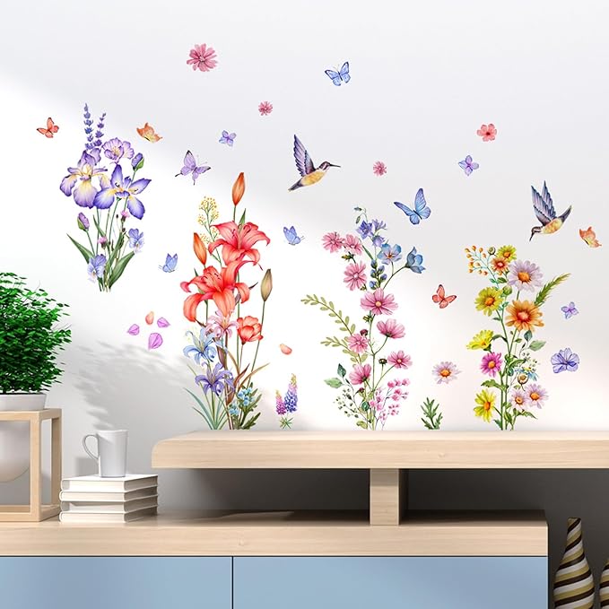 Flower Wall Decals Lily Flower Butterfly Bird Floral Wall Stickers Colorful Cute Cartoon Wall Decor for Living Room Kids Room Playroom Home Wall Decor