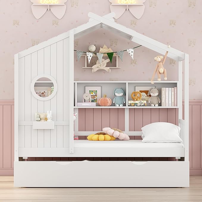Bellemave Twin Size House Bed with Trundle for Kids,Twin Kids Bed Frame with Storage Shelves,Solid Wood House Bed Frame for Girls,Boys,Can be Decorated,White