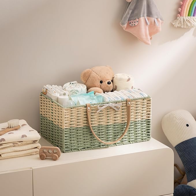 HBlife Large Diaper Caddy Organizer, Portable Paper Rope Woven Basket with Divider, Nursery Diaper Station Organizer, Baby Shower Gifts Basket & Car Organizer, Newborn Essentials