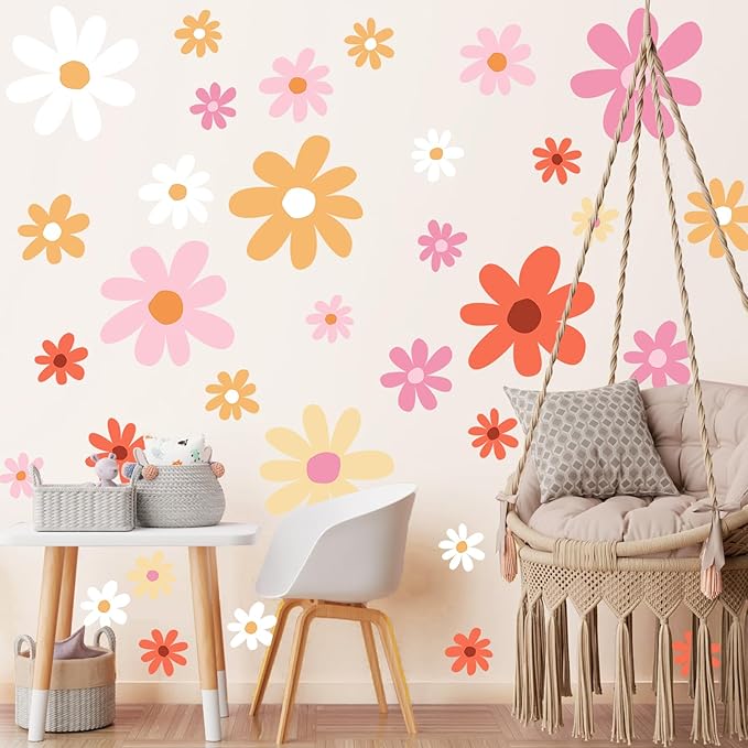 TaoBary 12 Sheets Daisy Wall Decal Flower Wall Sticker Cute Daisy Sticker Pink White Flower Decal Peel and Stick Floral Wallpaper for Nursery Bedroom Home Decor(Orange,Lovely Style)