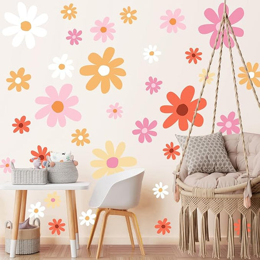 TaoBary 12 Sheets Daisy Wall Decal Flower Wall Sticker Cute Daisy Sticker Pink White Flower Decal Peel and Stick Floral Wallpaper for Nursery Bedroom Home Decor(Orange,Lovely Style)