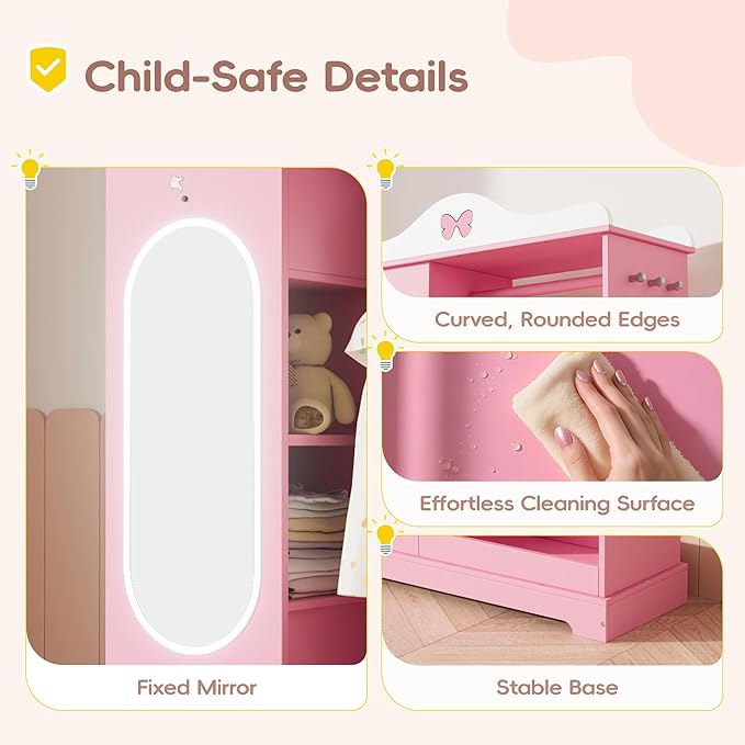 Kids Armoire with Jewelry Cabinet, Kids Dress Up Storage wth Shelves, Girls Wardrode Costume Organizer with Mirror, Children Closet with Armoire for Bedroom, Kid Room, Girls (Pink)