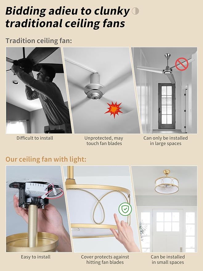 20" Gold Fandelier Ceiling Fan with Light, Fabric Boho Chandelier Ceiling Fans with Lights Remote Control, Mid-Century Modern Caged with 6 Speeds for Bedroom, Nursery (FS-BG01)