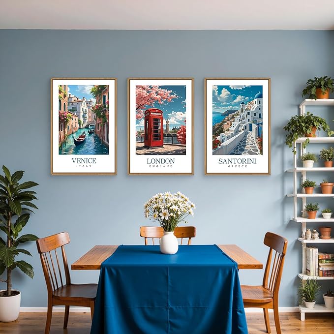 HLNIUC Italy Coast Wall Art Framed, Blue Europe Cityscape Italian Wall Decor set of 3 (24"x36"), Venice London Santorini Travel Landmark Beach Canvas Painting for Living Room, Bedroom, Office