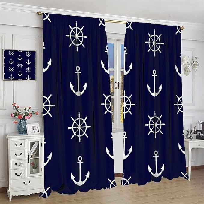 Nautical Rudder Curtains,MarineThemed Oceanic Anchor Pattern Blackout Print Home Bedroom Living Room Window Treatments 2 Panel Set 63x63 Inch