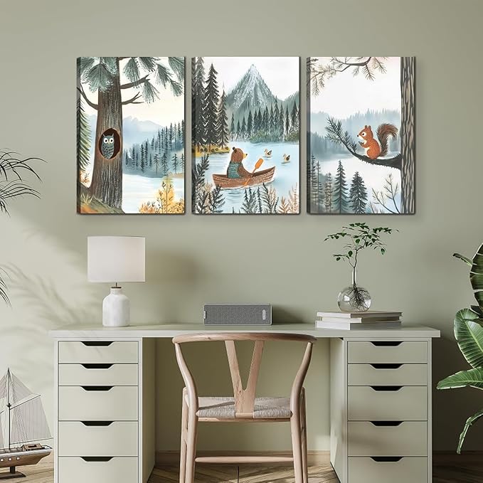 Woodland Animal Canvas Wall Art Set of 3 Bear Owl & Squirrel Posters Prints Adventure Theme Nursery pictures Wall Decor for Kids Bedroom or Playroom Ready to Hang (16x24in canvas)