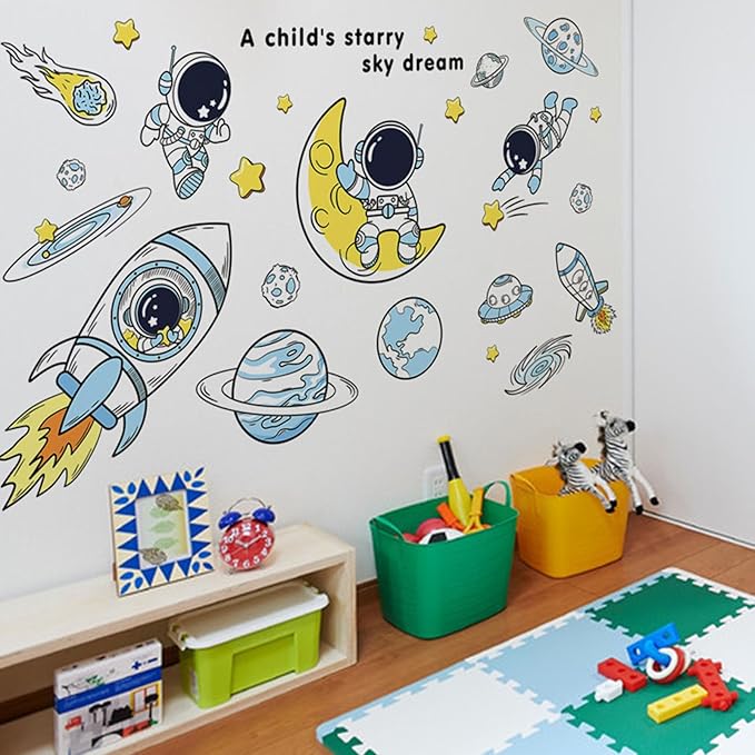 Space Decor Astronaut Wall Stickers - Space Theme Bedroom Classroom Playroom Murals & Decals - Wall Decals for Boys Girls Room - Outer Space Wallpaper With Planets