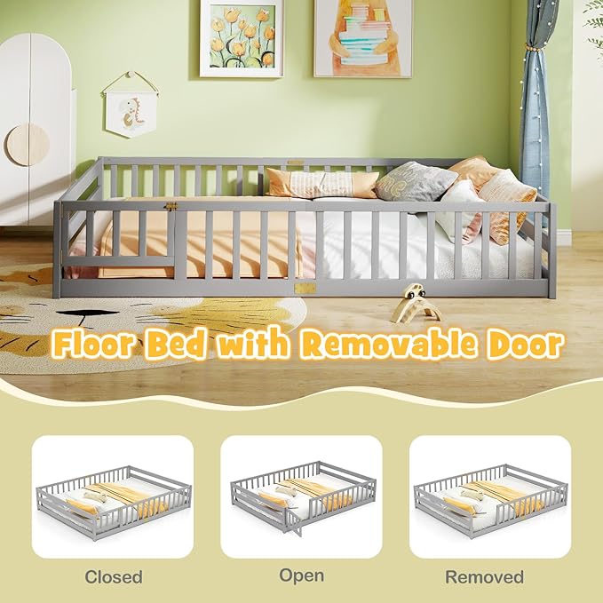 KOMFOTT Queen Size Wood Floor Bed with Door & Fence, Montessori Bed Frame with Full Length Safety Guardrails, Door & Latch, Wooden Montessori Floor Bed for Kids, Girls, Boys (Queen,Grey)