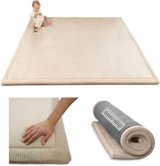 Hakuna Matte Premium Baby Play Mat 60”x 80” Beige – Cloud-Soft Coral Velvet Memory Foam Rug for Crawling & Play – Non-Slip, Water-Resistant, Care Tummy Time Mat – Non-Toxic Padded Playmat