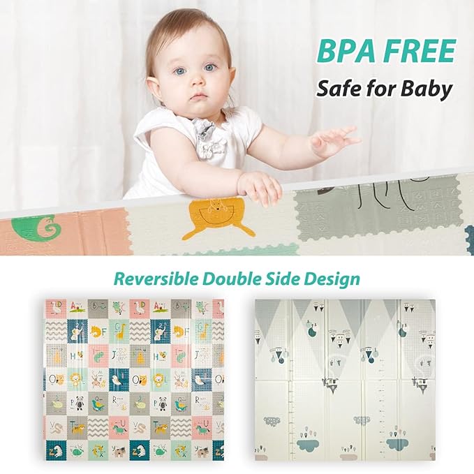 FLAGAV Baby Play Mat, 79x71x0.4inch Extra Large Folding Baby Crawling Mat, Waterproof Reversible Playmat Foam Non Toxic Anti-Slip Portable Kids Play Mat for Infant, Toddler