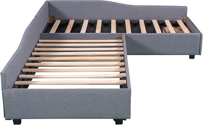 Bellemave L-Shape Platform Bed Twin Size Upholstered Daybed with Trundle and Storage Drawer Linen Corner Day Bed Frame for 3 Kids Boys Girls Teens, Gray