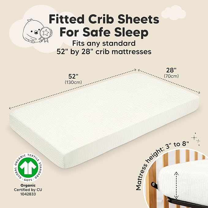 KeaBabies 2-Pack Muslin Crib Sheets for Boys, Girls - 100% Organic Cotton Fitted Baby Crib Mattress Sheet, Soft Breathable Standard Toddler Bed Cover Bedding Set, Neutral, Durable 52x28 (Soft White)