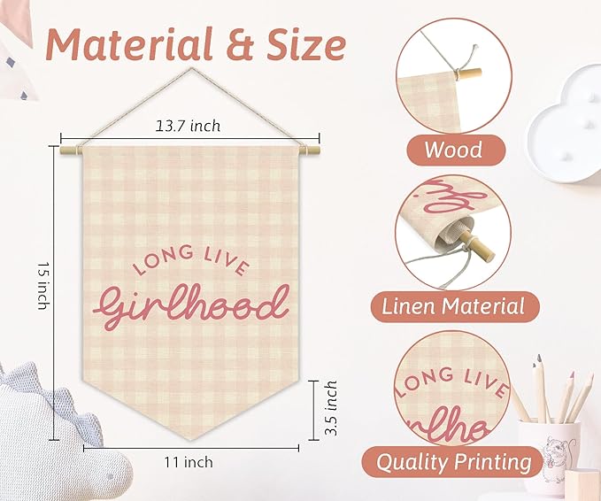 Girl Nursery Decor, Long Live Girlhood Linen Canvas Banner, Pink Checkered Preppy Girly Wall Hanging Pennant Flag Banner for Girls Nursery Kids Toddler Room Bedroom Dorm Decor, 15x11in