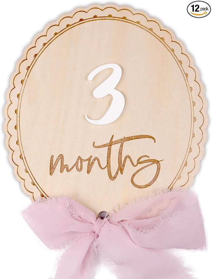 Daisy 3D Baby Monthly Milestone, Wooden Baby Milestone Signs, Monthly Milestone Wood Discs, Baby Milestone Discs (Ribbon)