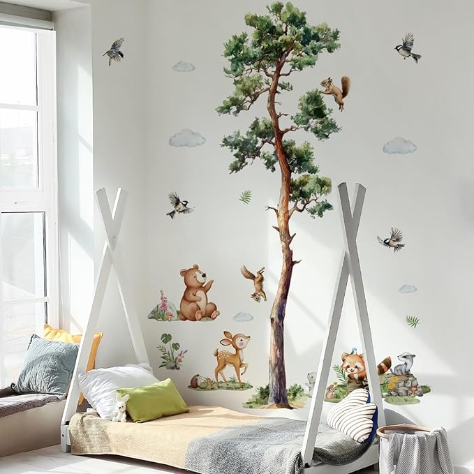 Large Pine Tree Wall Decal Forest Animal Wall Stickers 6 Sheets Woodland Animals Bear Decor Waterproof Peel and Stick Wall Murals Decals for Nursery Boys Bedroom Classroom (Jungle Pine Tree)