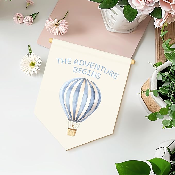 MOTERMATE Hot Air Balloon Nursery Sign Decor, Baby Boy Girl Toddler Room Front Door Wall Hanging Decor Decorations for Boys Girls Bedroom Nursery Playroom, The Adventure Begins Sings, 8x10 Inch