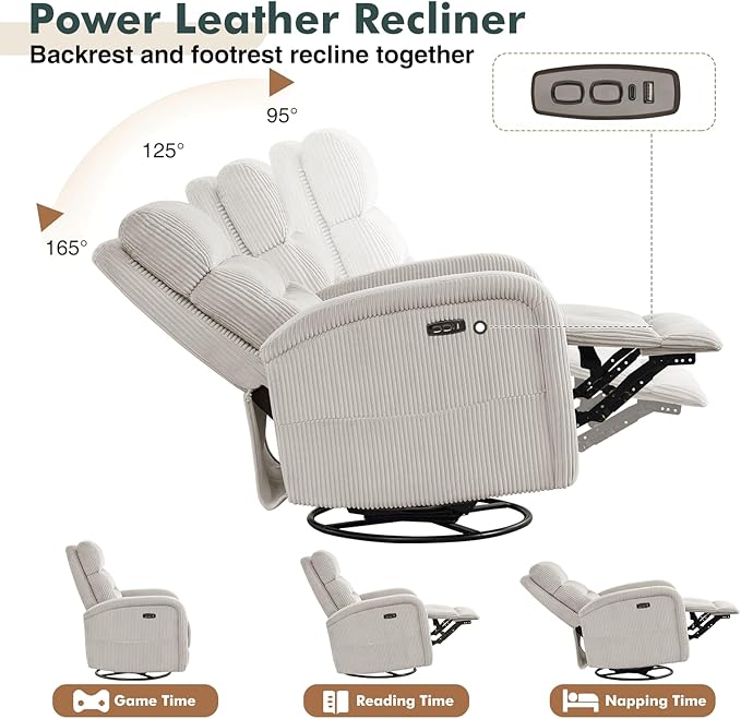 Swivel Glider Recliner for Nursery, Power Rocking Recliner with USB and Type-C Port, Nursery Swivel Recliners for Living Room, Camel Corduroy