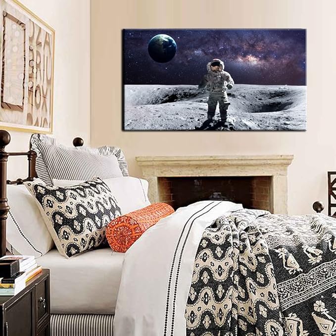 KREATIVE ARTS - Astronaut Standing on the Moon Overlooking Planet Earth Poster Canvas Print Wall Art Landscape Picture Printed on Canvas NASA Home Decoration Giclee Artwork Ready to Hang 20''x36''