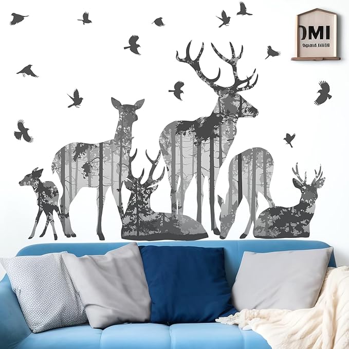 2 Sheets Forests Silhouette Animals Wall Decals Removable Wild Elk Tree Wall Decals Peel and Stick Vinyl Birds Wall Art Decor for Children Nursery Bedroom Living Room Wall Corner Decor