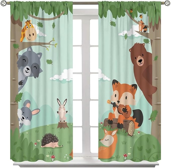 Forest Animals Curtains Colorful Forest Cartoon Cute Fox Bear Giraffe for Kids Boys Girls Nursery Bedroom Living Room Blackout Rod Pocket Decoration Window Drapes 2 Panels W26xL84in