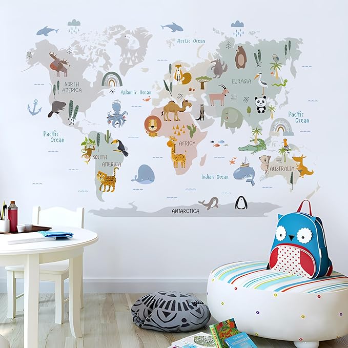 Animal World Map Wall Decals Jungle Animal Wall Stickers Forest Wild Animals Elephant Monkey Wall Art Vinyl DIY Removable Peel and Stick for Kids Boys Bedroom Nursery Classroom Home Decoration
