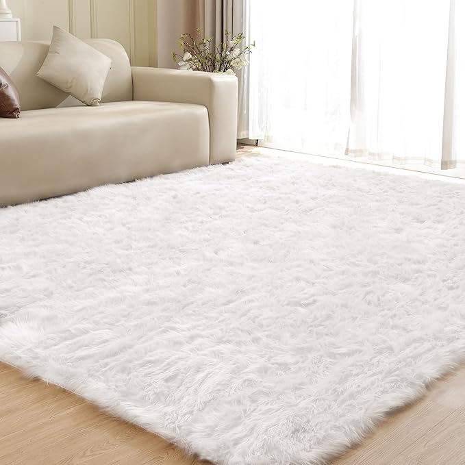 White Rugs for Living Room 6x9 Area Rugs for Bedroom Large Washable Faux Sheepskin Fluffy Fur Rug Nursery Rugs Room Décor