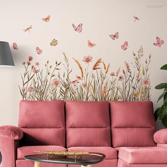 Boho Flower Wall Decals Foxtail Grass Plants Wildflower Floral Leaves Butterflies Dragonflies Wall Stickers for Bedroom Living Room Wall Art Décor