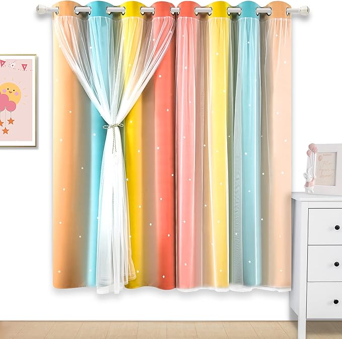 Kinryb Nursery/Kids/Girls Room Star Cut Out Blackout Rainbow Curtain with Sheer Overlay 2 Panels, Each 52 inch Wide,72 inch Length with White Gauze,Ombre Stripe Rainbow Curtains (2 Panels,52x72 Inch)